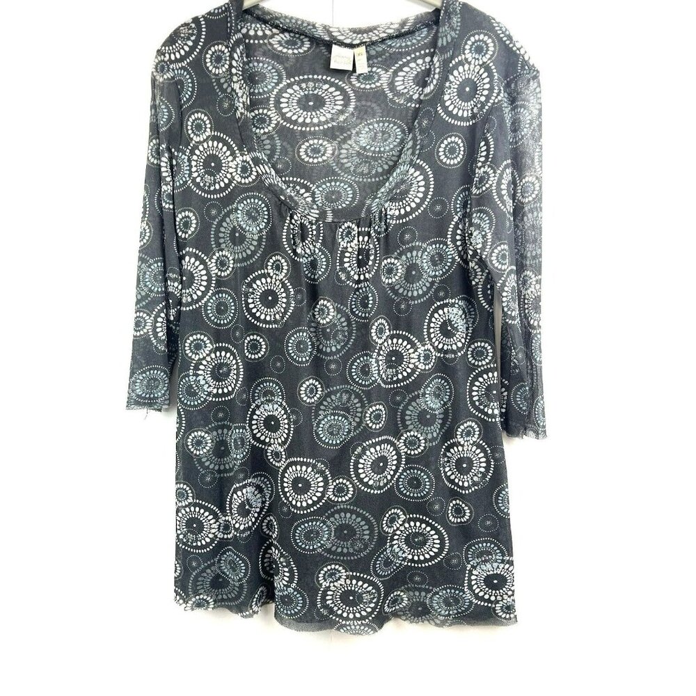Anthropologie Johnny Heaven Mesh Top XL Gray Black Stretch Layered 3/4 Sleeve‎